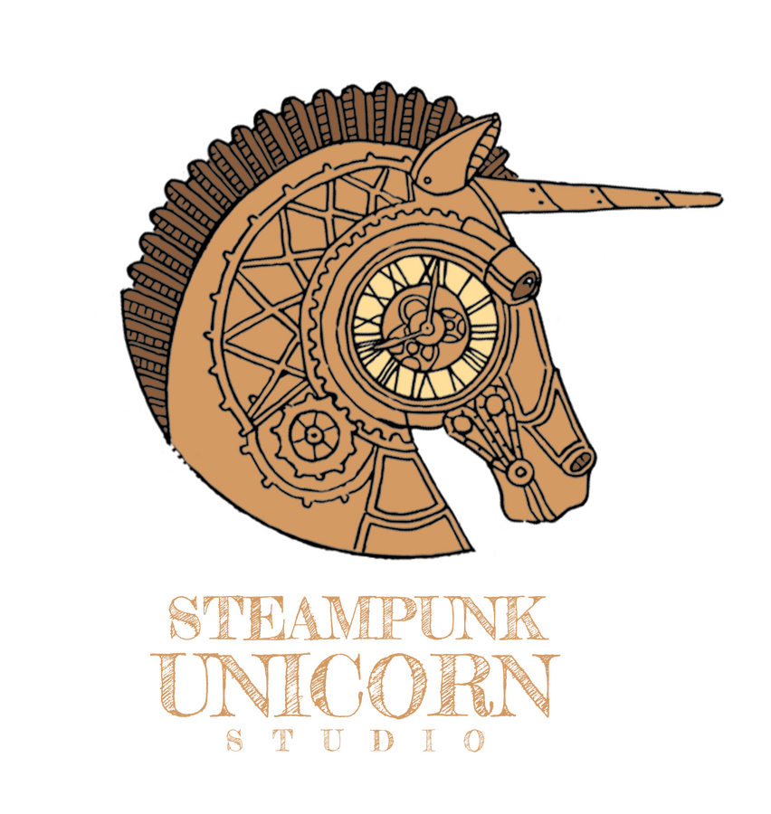 Steampunk Unicorn Studio An illustrated clockwork unicorn head.