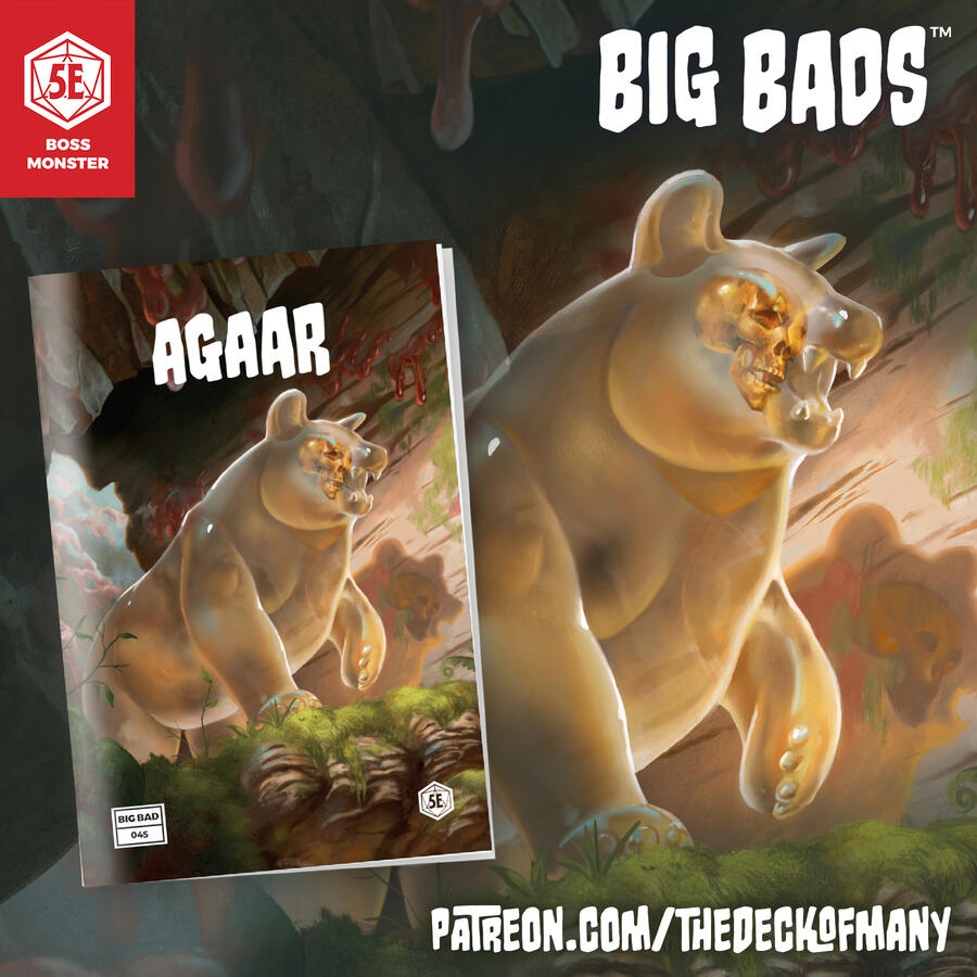 Big Bad Booklet: Agaar A pale yellow gelatinous bear with an amber skull in its head.