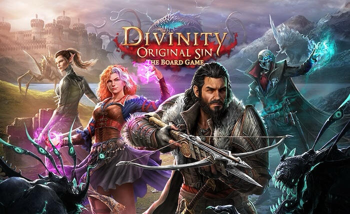 Divinity: Original Sin (The Board Game) In the foreground is a tan-skinned human holding a crossbow facing off against creatures with sharp teeth and antenae. Behind him are other Origins readying for combat.